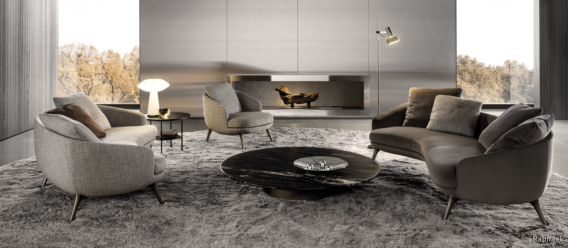 In 2023, the Gamfratesi duo created the <strong>Raphael</strong> family of seats: compact furnishing pieces with refined tailoring that effortlessly become the protagonists of the space, expressing a new concept of designing the living area.