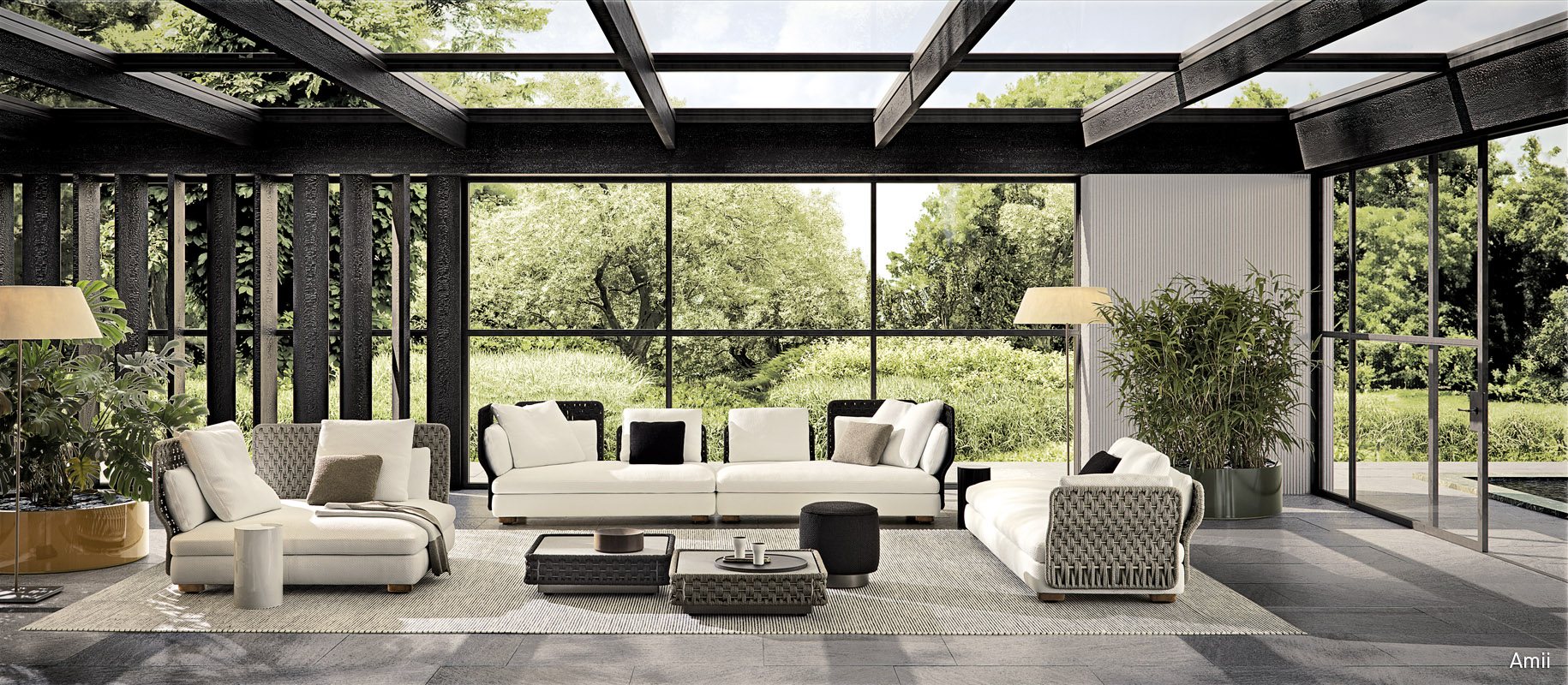 <p>For the 2024 Collection, the designer has created the <strong>Amii </strong>seating system, featuring panels of rope interwoven to design the back and armrests, which host cushions in a variety of shapes, offering the utmost comfort for relaxing outdoors.</p>
